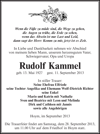 Traueranzeige von Rudolf Kammel von WVG - Wochenspiegel Aschersleben