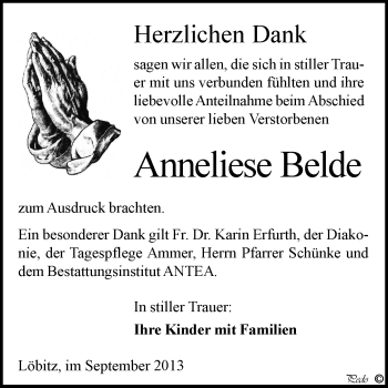 Traueranzeige von Anneliese Belde von WVG - Wochenspiegel NMB / WSF / ZTZ