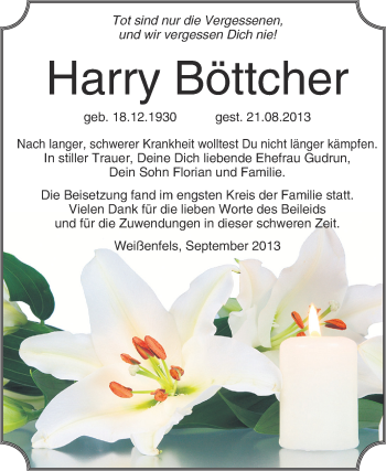 Traueranzeige von Harry Böttcher von Super Sonntag Merseburg