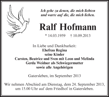 Traueranzeige von Ralf Hofmann von WVG - Wochenspiegel Aschersleben
