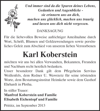 Traueranzeige von Karl Koberstein von WVG - Wochenspiegel NMB / WSF / ZTZ