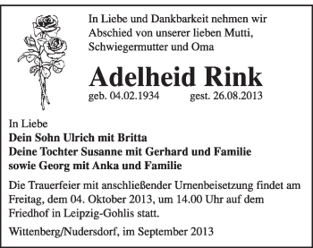 Traueranzeige von Adelheid Rink von Super Sonntag Wittenberg