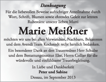 Traueranzeige von Marie Meißner von Super Sonntag Dessau / Köthen