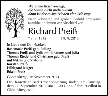 Traueranzeige von Richard Preiß von WVG - Wochenspiegel Quedlinburg