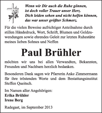 Traueranzeige von Paul Brühler von Super Sonntag Dessau / Köthen
