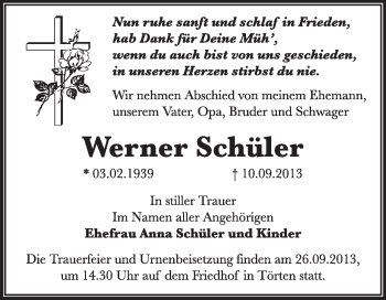 Traueranzeige von Werner Schüler von Super Sonntag Dessau / Köthen