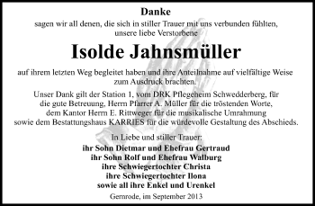 Traueranzeige von Isolde Jahnsmüller von WVG - Wochenspiegel Quedlinburg