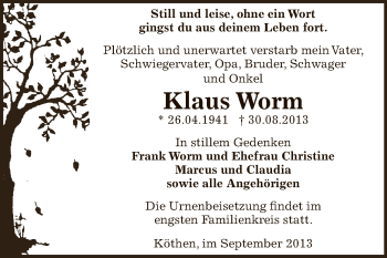 Traueranzeige von Klaus Worm von WVG - Wochenspiegel Dessau / Köthen