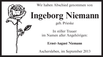 Traueranzeige von Ingeborg Niemann von WVG - Wochenspiegel Aschersleben