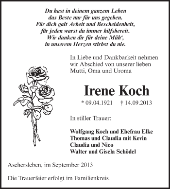Traueranzeige von Irene Koch von WVG - Wochenspiegel Aschersleben