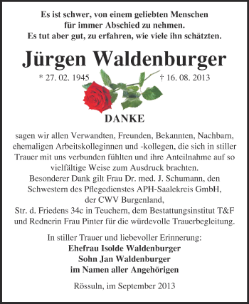 Traueranzeige von Jürgen Waldenburger von WVG - Wochenspiegel NMB / WSF / ZTZ