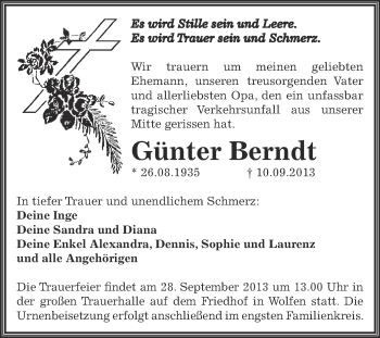 Traueranzeige von Günter Berndt von WVG - Wochenspiegel Bitterfeld