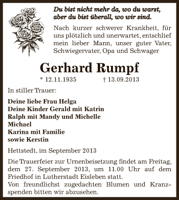 Traueranzeige von Gerhard Rumpf von Super Sonntag SGH Mansf. Land