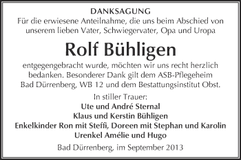 Traueranzeige von Rolf Bühligen von Super Sonntag Merseburg