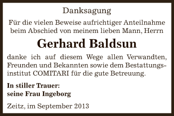 Traueranzeige von Gerhard Baldsun von Super Sonntag Zeitz