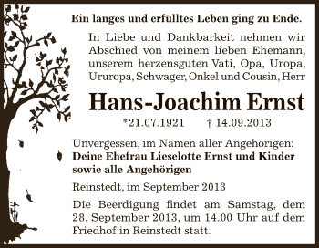 Traueranzeige von Hans-Joachim Ernst von Super Sonntag SGH Mansf. Land