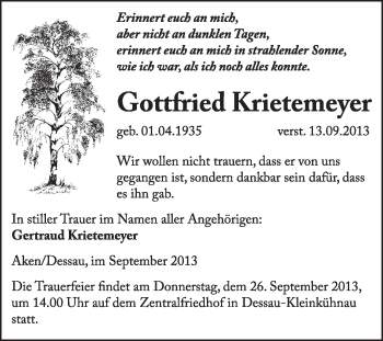 Traueranzeige von Gottfried Krietemeyer von Super Sonntag Dessau / Köthen
