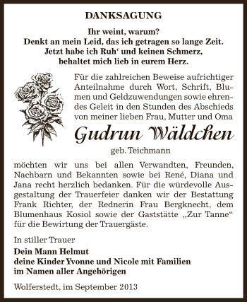 Traueranzeige von Gudrun Wäldchen von WVG - Wochenspiegel SGH