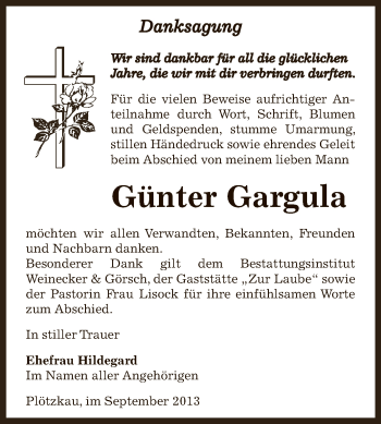 Traueranzeige von Günter Gargula von Super Sonntag Bernburg