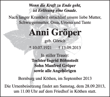 Traueranzeige von Anni Gröper von Super Sonntag Dessau / Köthen