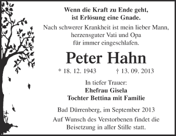 Traueranzeige von Peter Hahn von Super Sonntag Merseburg