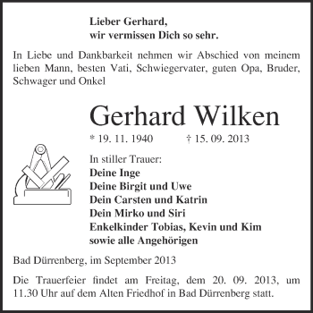 Traueranzeige von Gerhard Wilken von Super Sonntag Merseburg