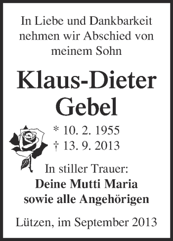 Traueranzeige von Klaus-Dieter Gebel von Super Sonntag Merseburg