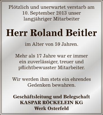 Traueranzeige von Roland Beitler von Super Sonntag Zeitz