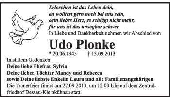 Traueranzeige von Udo Plonke von Super Sonntag Dessau / Köthen