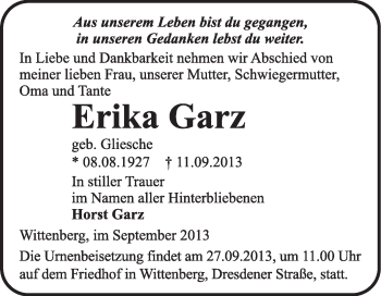 Traueranzeige von Erika Garz von Super Sonntag Wittenberg