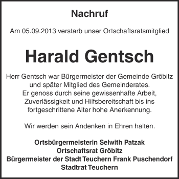 Traueranzeige von Harald Gentsch von WVG - Wochenspiegel NMB / WSF / ZTZ
