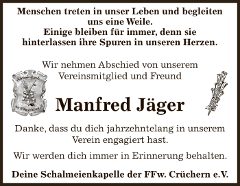 Traueranzeige von Manfred Jäger von Super Sonntag Bernburg