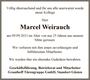 Traueranzeige von Marcel Weirauch von Super Sonntag Bernburg