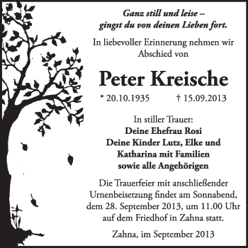 Traueranzeige von Peter Kreische von Super Sonntag Wittenberg