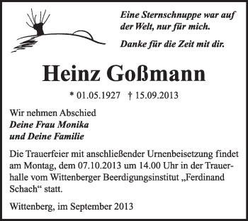 Traueranzeige von Heinz Goßmann von WVG - Wochenspiegel Wittenberg