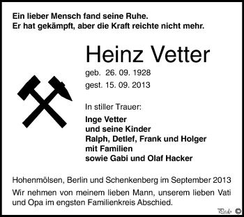 Traueranzeige von Heinz Vetter von WVG - Wochenspiegel NMB / WSF / ZTZ
