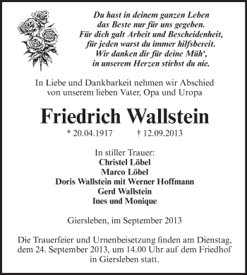 Traueranzeige von Friedrich Wallstein von Super Sonntag Aschersleben