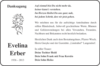 Traueranzeige von Evelina Erber von WVG - Wochenspiegel NMB / WSF / ZTZ