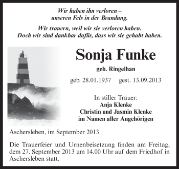 Traueranzeige von Sonja Funke von Super Sonntag Aschersleben