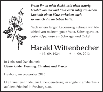 Traueranzeige von Harald Wittenbecher von WVG - Wochenspiegel NMB / WSF / ZTZ