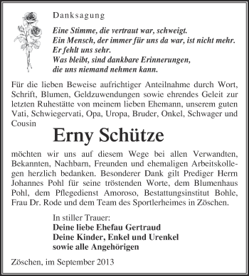 Traueranzeige von Erny Schütze von Super Sonntag Merseburg