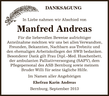 Traueranzeige von Manfred Andreas von Super Sonntag Bernburg