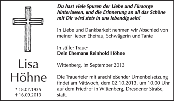 Traueranzeige von Lisa Höhne von WVG - Wochenspiegel Wittenberg
