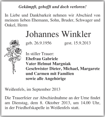 Traueranzeige von Johannes Winkler von Super Sonntag Merseburg