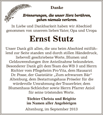 Traueranzeige von Ernst Stutz von Super Sonntag Bernburg