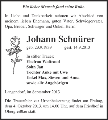 Traueranzeige von Johann Schnürer von Super Sonntag Merseburg