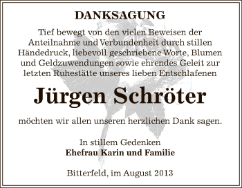 Traueranzeige von Jürgen Schröter von WVG - Wochenspiegel Bitterfeld
