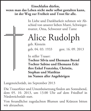 Traueranzeige von Alice Rudolph von WVG - Wochenspiegel Merseburg