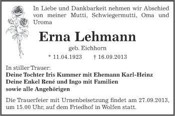 Traueranzeige von Erna Lehmann von WVG - Wochenspiegel Bitterfeld