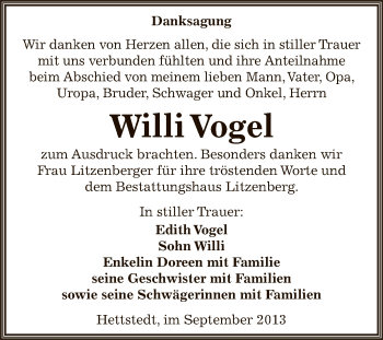 Traueranzeige von Willi Vogel von Wochenspiegel Mansfelder Land